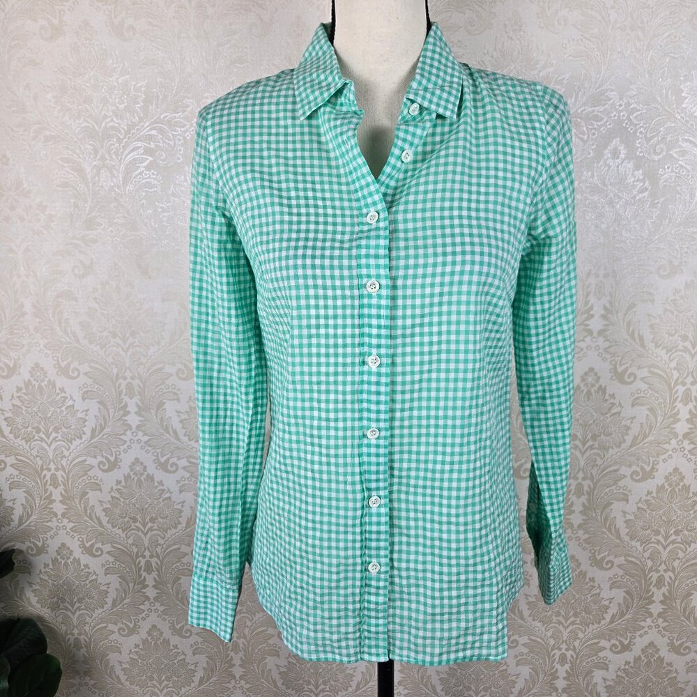 J Crew Size 2 "The Perfect Shirt" Green White Gingham Long Sleeve Button Down